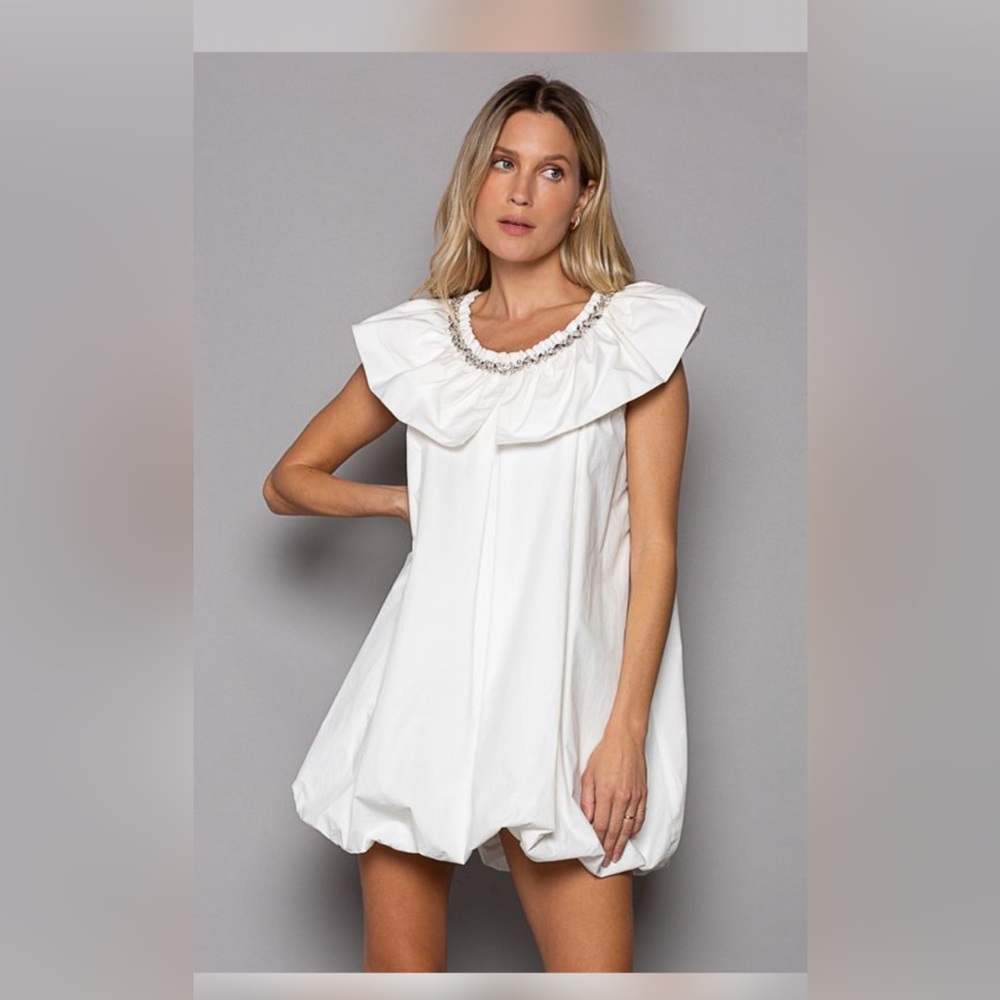 POL BABY DOLL MINI DRESS - White Dress with Ruffled Embellished Neckline